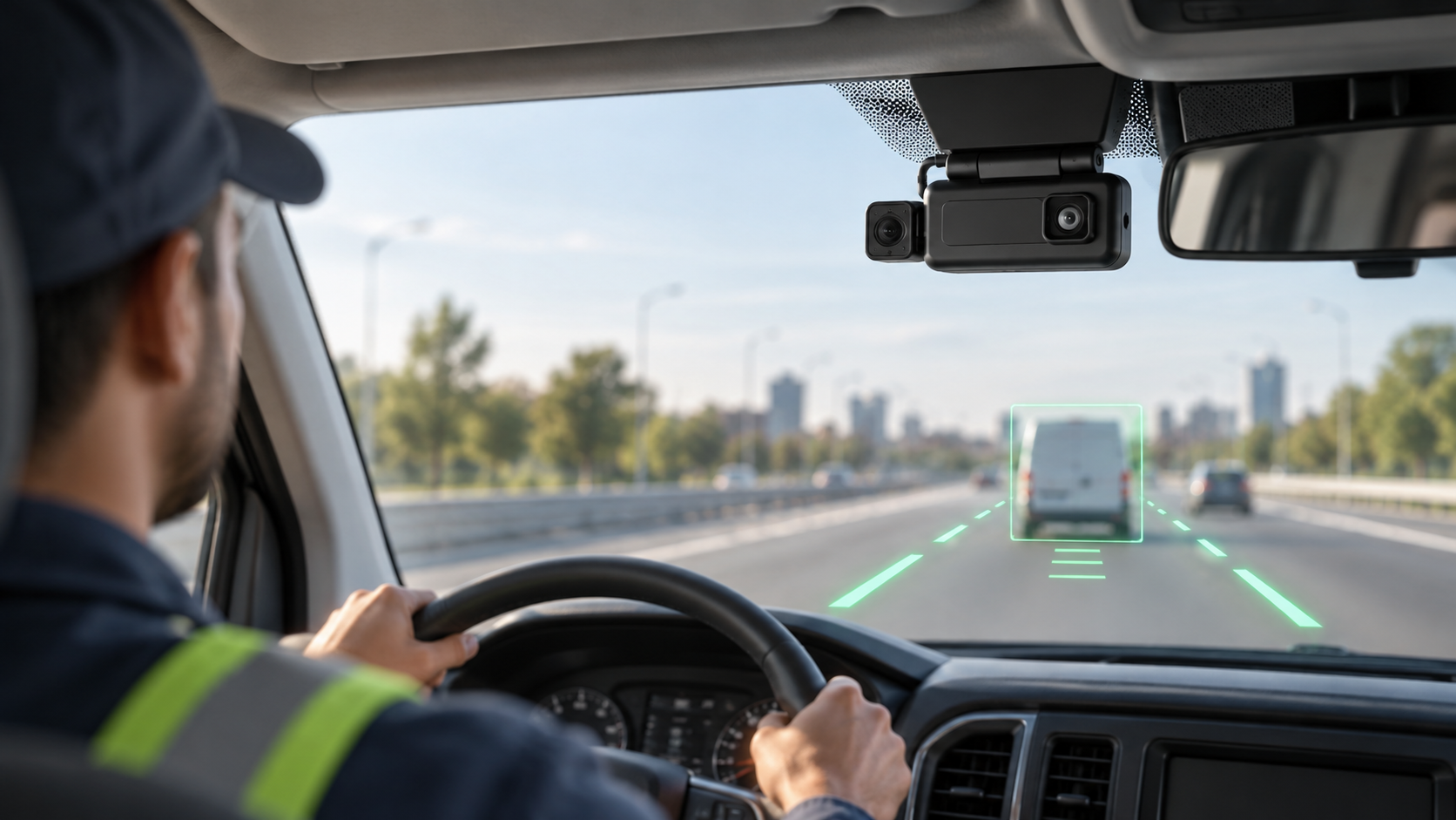 ADAS safety camera installed inside a commercial vehicle