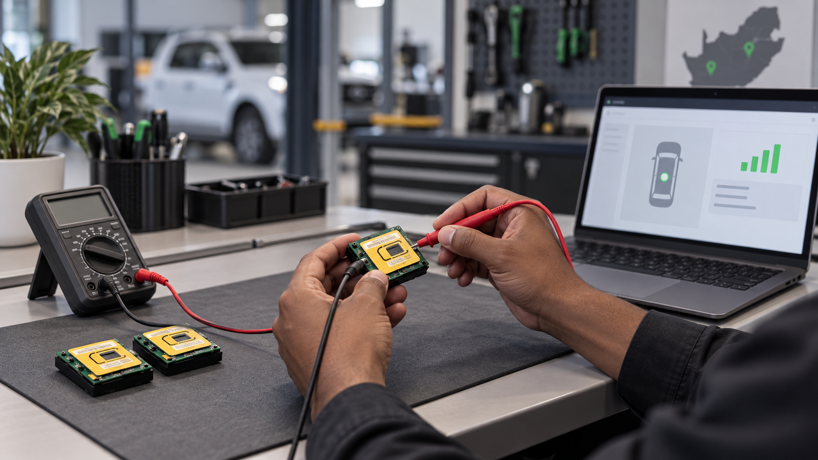 Technician testing a vehicle tracking device with diagnostic equipment