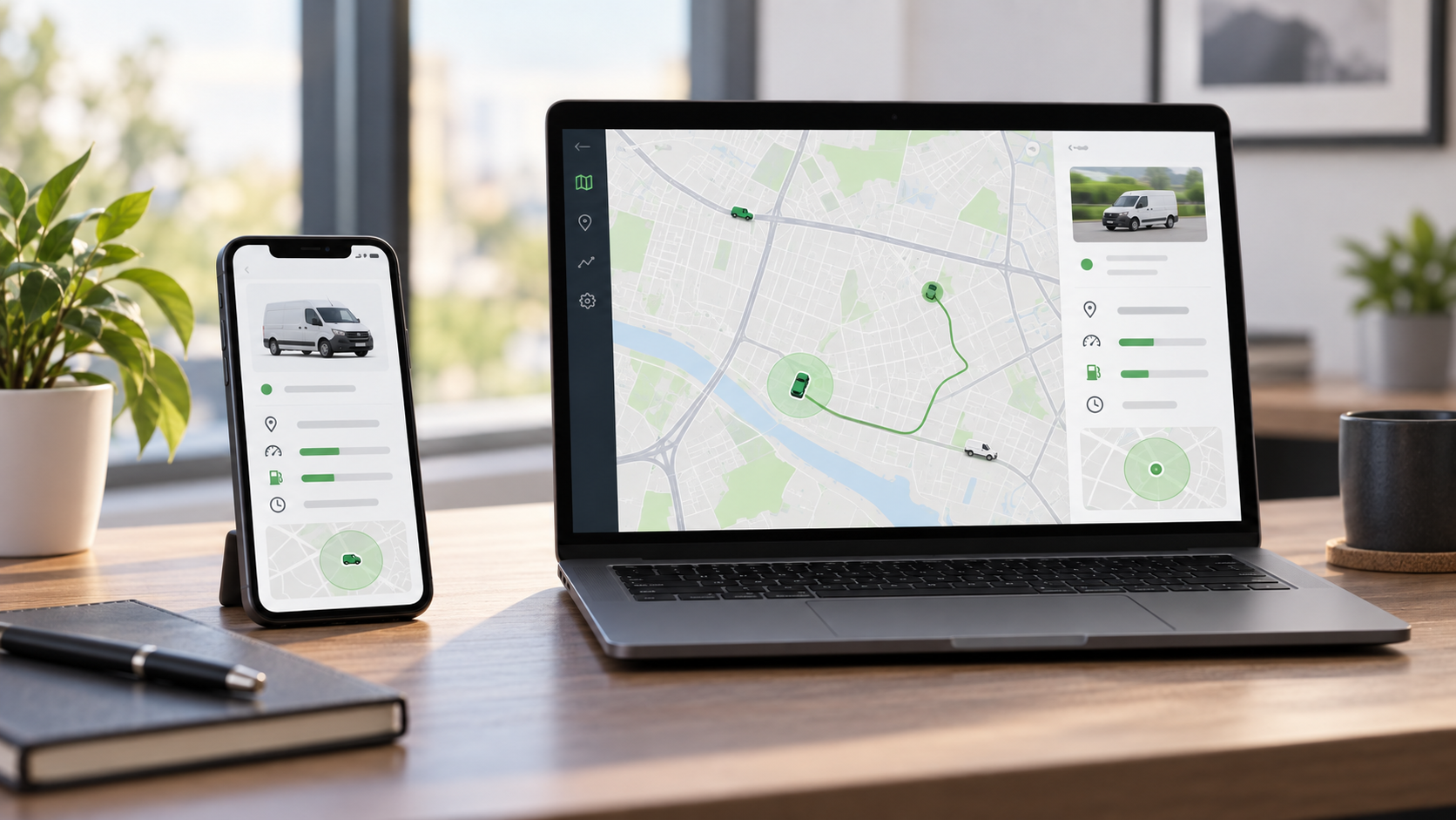 Fleet tracking administration displayed on a laptop and mobile phone